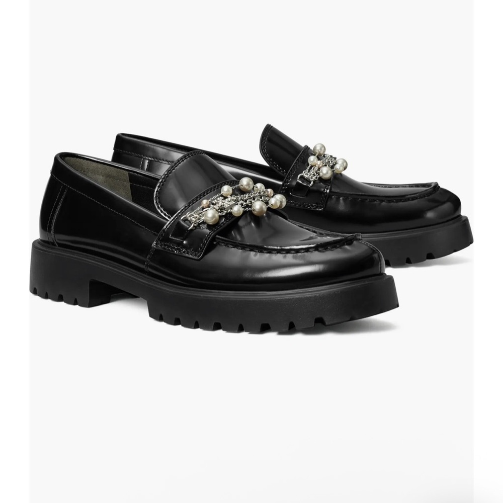 Tory Burch Perfect Black Classic Embellished Lug Sole Loafer Size 8